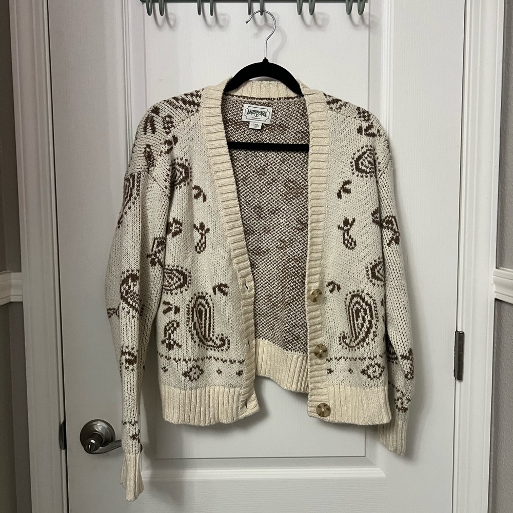 American Eagle Outfitters Cream and Brown Cardigan